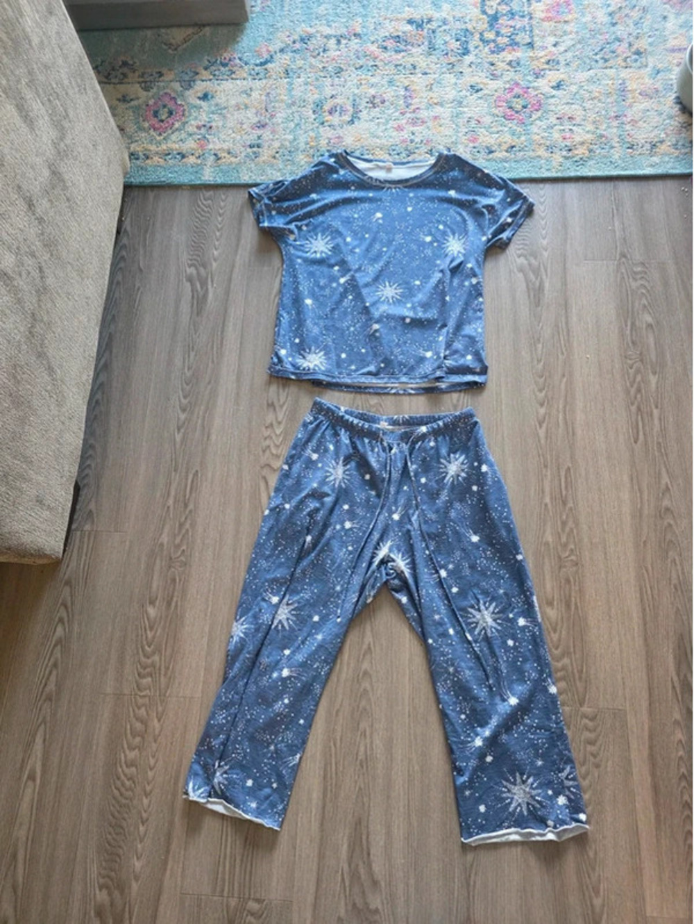 Blue Star Print Pajama Set with Short Sleeve Top and Pants